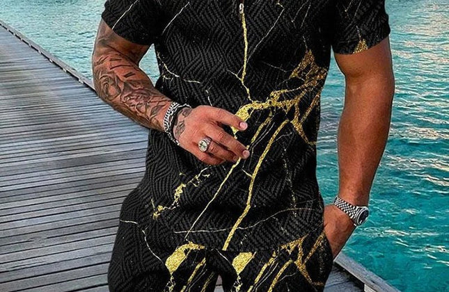 Summer Popular Printed men's Polo Shirt set, Casual Zipper Lapel short - sleeved Shirt + Shorts 2 - piece Set With Colorful Patterns - Constantin & Crys