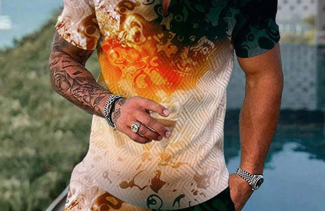 Summer Popular Printed men's Polo Shirt set, Casual Zipper Lapel short - sleeved Shirt + Shorts 2 - piece Set With Colorful Patterns - Constantin & Crys