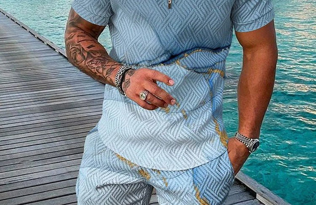 Summer Popular Printed men's Polo Shirt set, Casual Zipper Lapel short - sleeved Shirt + Shorts 2 - piece Set With Colorful Patterns - Constantin & Crys