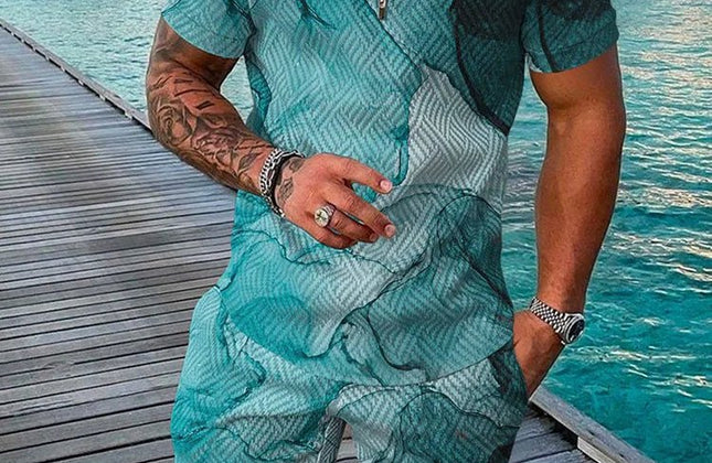 Summer Popular Printed men's Polo Shirt set, Casual Zipper Lapel short - sleeved Shirt + Shorts 2 - piece Set With Colorful Patterns - Constantin & Crys