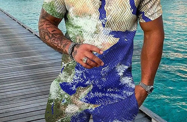 Summer Popular Printed men's Polo Shirt set, Casual Zipper Lapel short - sleeved Shirt + Shorts 2 - piece Set With Colorful Patterns - Constantin & Crys