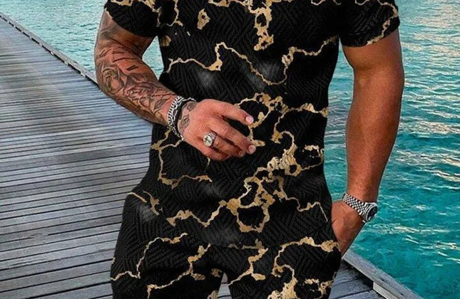 Summer Popular Printed men's Polo Shirt set, Casual Zipper Lapel short - sleeved Shirt + Shorts 2 - piece Set With Colorful Patterns - Constantin & Crys