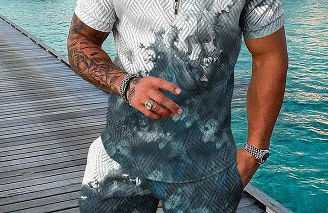 Summer Popular Printed men's Polo Shirt set, Casual Zipper Lapel short - sleeved Shirt + Shorts 2 - piece Set With Colorful Patterns - Constantin & Crys