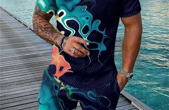 Summer Popular Printed men's Polo Shirt set, Casual Zipper Lapel short - sleeved Shirt + Shorts 2 - piece Set With Colorful Patterns - Constantin & Crys