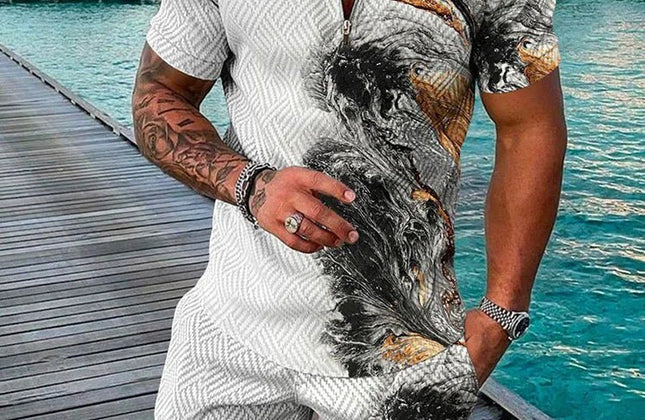 Summer Popular Printed men's Polo Shirt set, Casual Zipper Lapel short - sleeved Shirt + Shorts 2 - piece Set With Colorful Patterns - Constantin & Crys