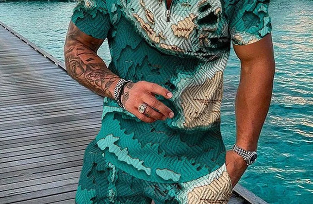 Summer Popular Printed men's Polo Shirt set, Casual Zipper Lapel short - sleeved Shirt + Shorts 2 - piece Set With Colorful Patterns - Constantin & Crys