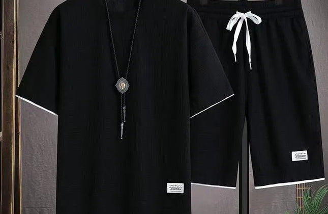 Waffle Men's Summer Short Sleeve And Shorts Two Piece Sets Sports Casual Tracksuit Men Comfortable Cool Shorts Oversized Set - Constantin & Crys