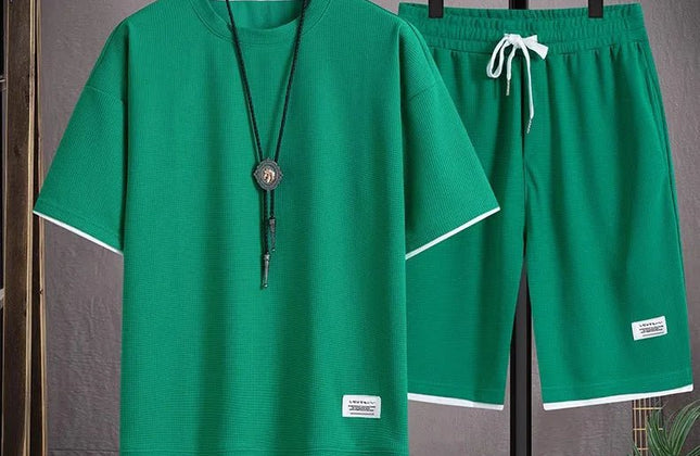 Waffle Men's Summer Short Sleeve And Shorts Two Piece Sets Sports Casual Tracksuit Men Comfortable Cool Shorts Oversized Set - Constantin & Crys