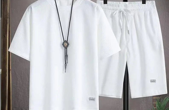 Waffle Men's Summer Short Sleeve And Shorts Two Piece Sets Sports Casual Tracksuit Men Comfortable Cool Shorts Oversized Set - Constantin & Crys