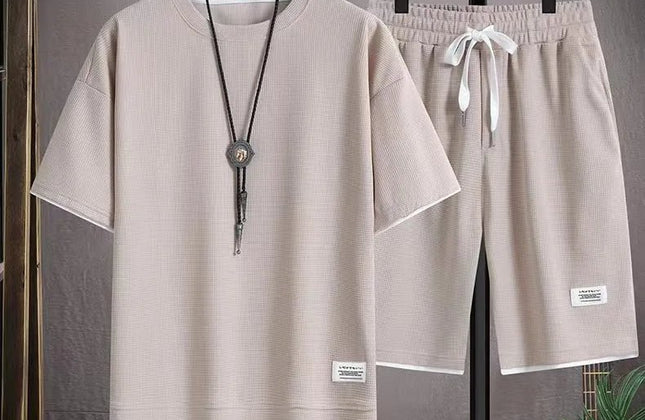 Waffle Men's Summer Short Sleeve And Shorts Two Piece Sets Sports Casual Tracksuit Men Comfortable Cool Shorts Oversized Set - Constantin & Crys