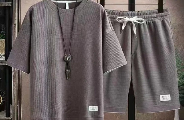 Waffle Men's Summer Short Sleeve And Shorts Two Piece Sets Sports Casual Tracksuit Men Comfortable Cool Shorts Oversized Set - Constantin & Crys