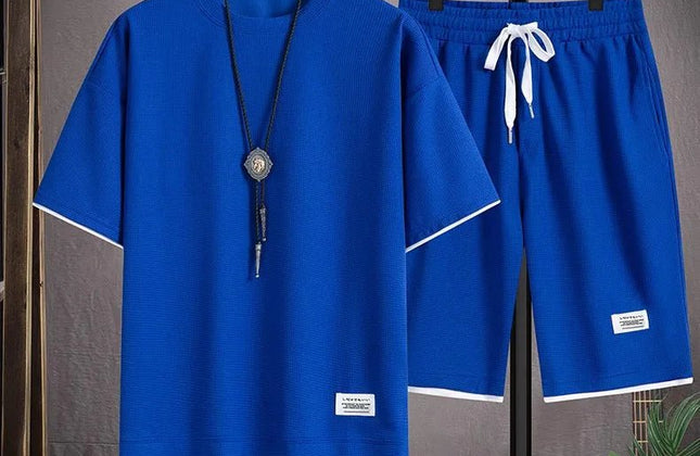 Waffle Men's Summer Short Sleeve And Shorts Two Piece Sets Sports Casual Tracksuit Men Comfortable Cool Shorts Oversized Set - Constantin & Crys