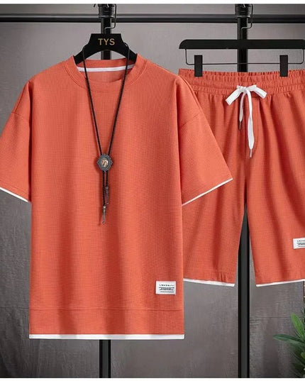 Waffle Men's Summer Short Sleeve And Shorts Two Piece Sets Sports Casual Tracksuit Men Comfortable Cool Shorts Oversized Set - Constantin & Crys